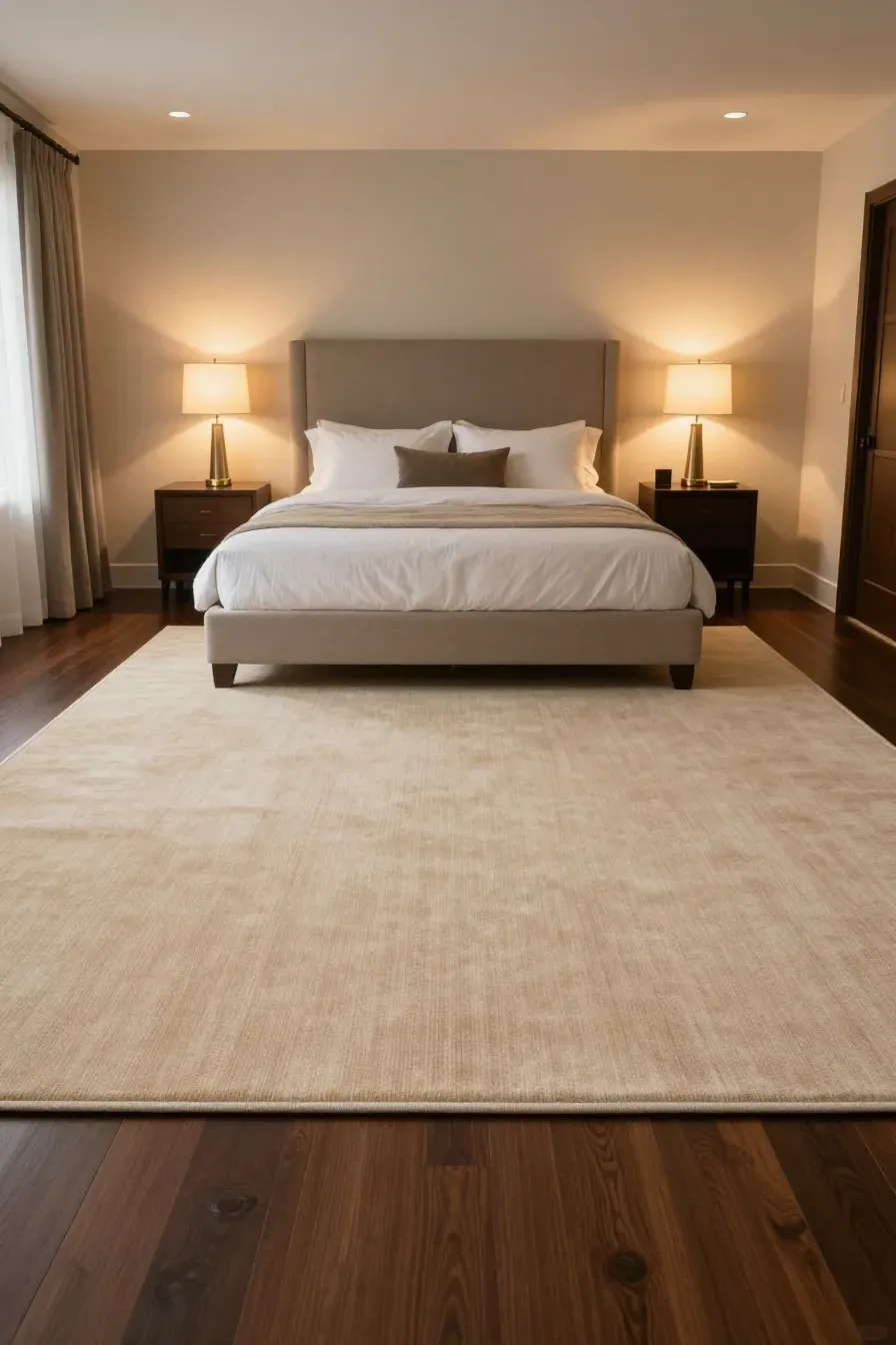 A large beige rug correctly positioned under a king bed in a symmetrical, luxury bedroom.