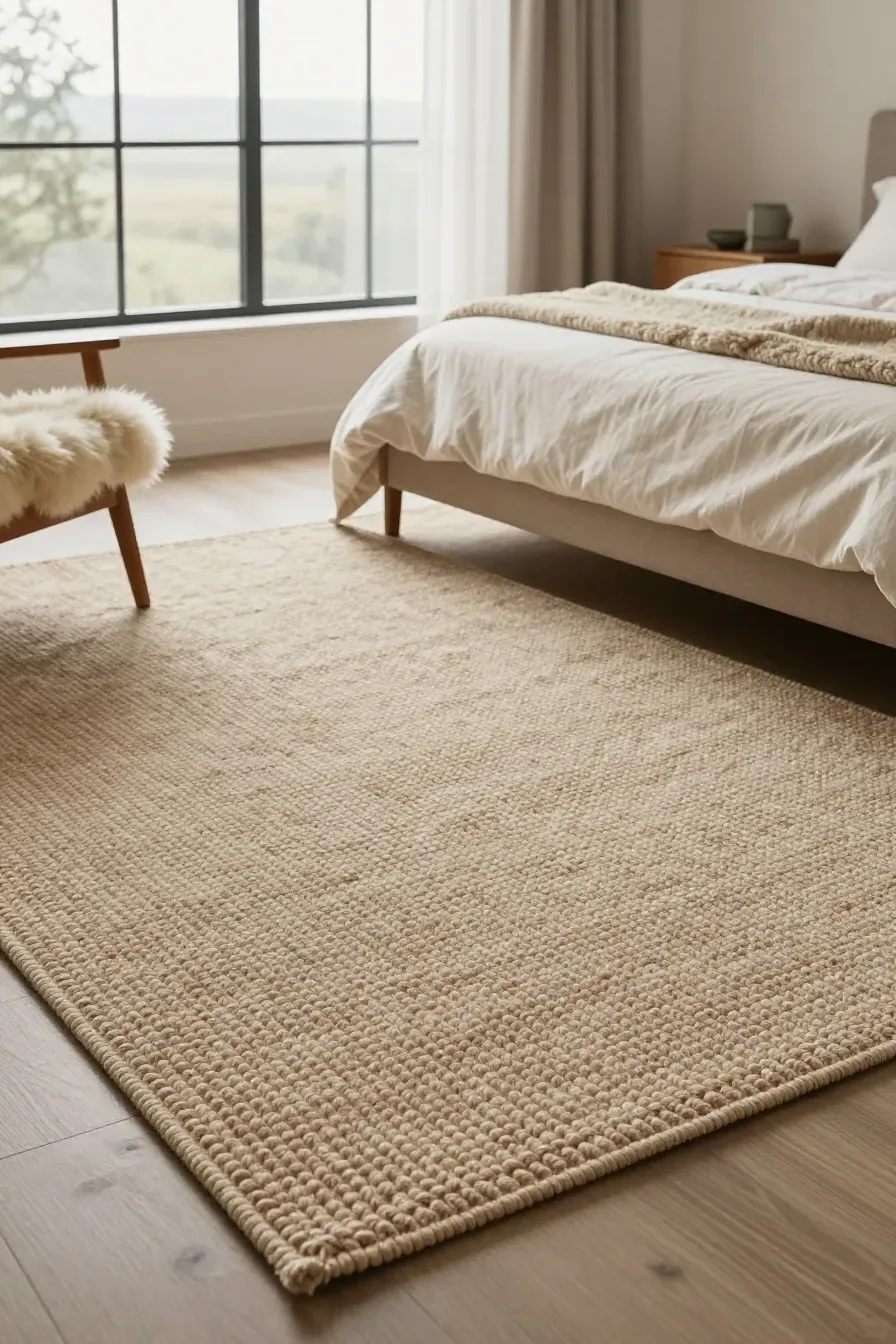An oatmeal-colored wool and synthetic blend rug in an earthy, organic-style bedroom.