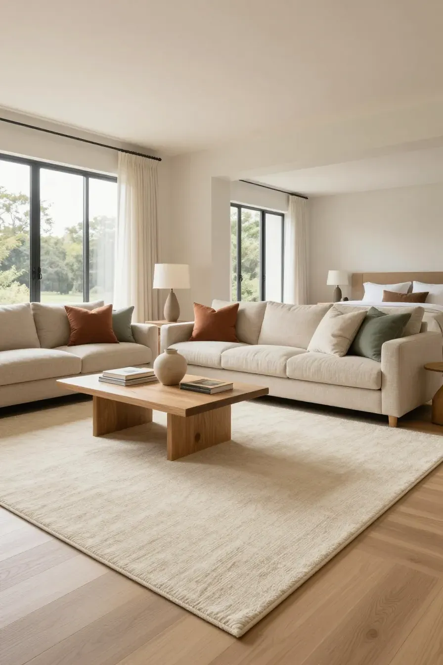 A bright, modern living room featuring a large cream rug, linen sofa, and soft natural lighting.