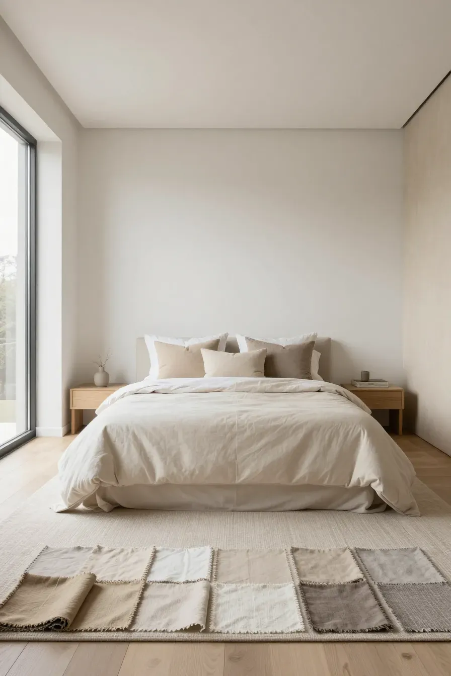 A wide view of a modern bedroom featuring layered shades of beige and cream bedding under soft light.