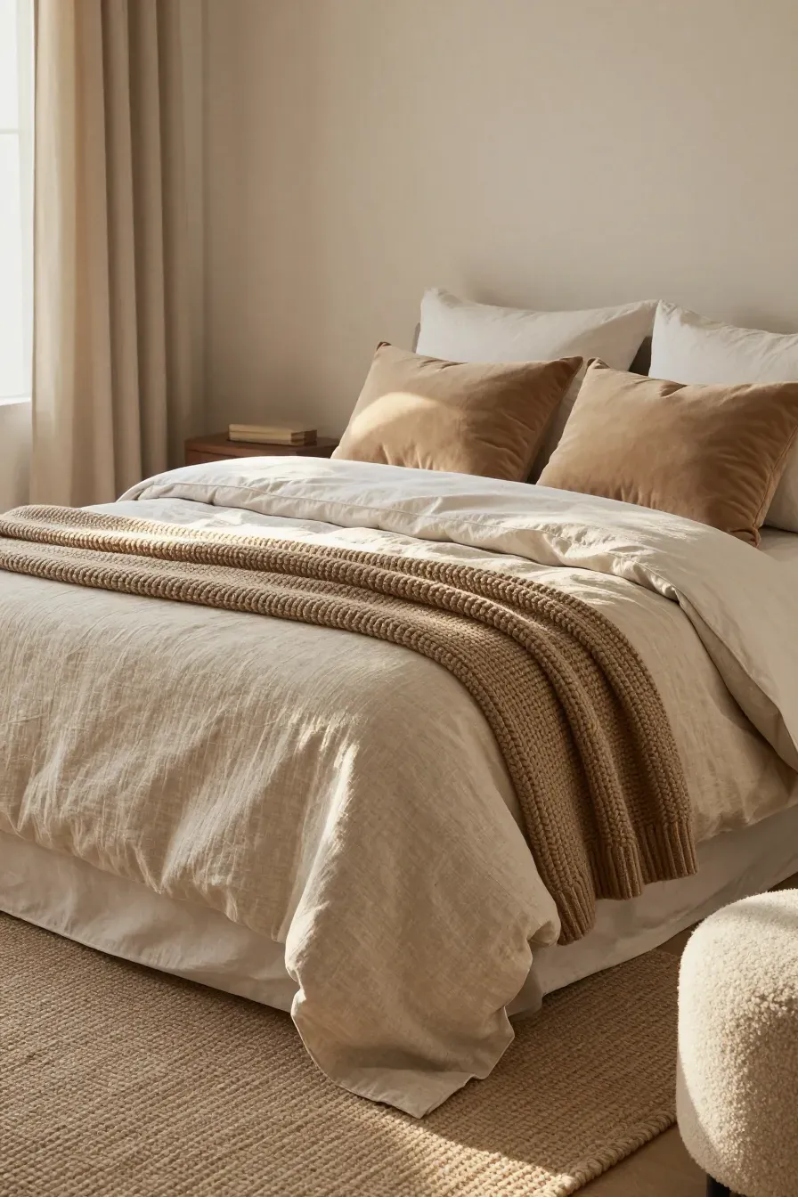 A cozy bedroom with layered linen, velvet, and chunky knit bedding in warm neutral tones.