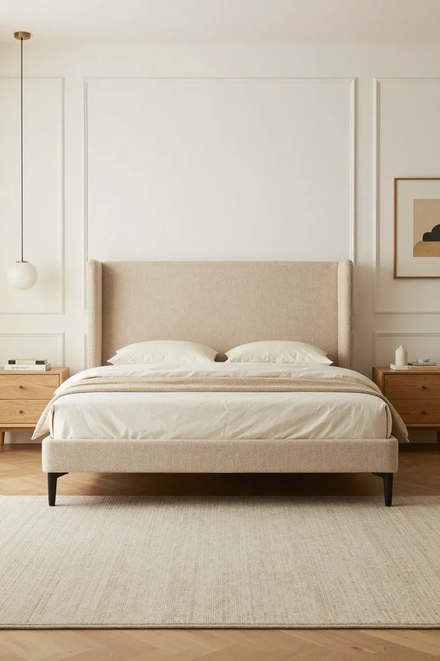 A full bedroom view featuring a tall beige tweed upholstered bedframe and matching neutral decor.