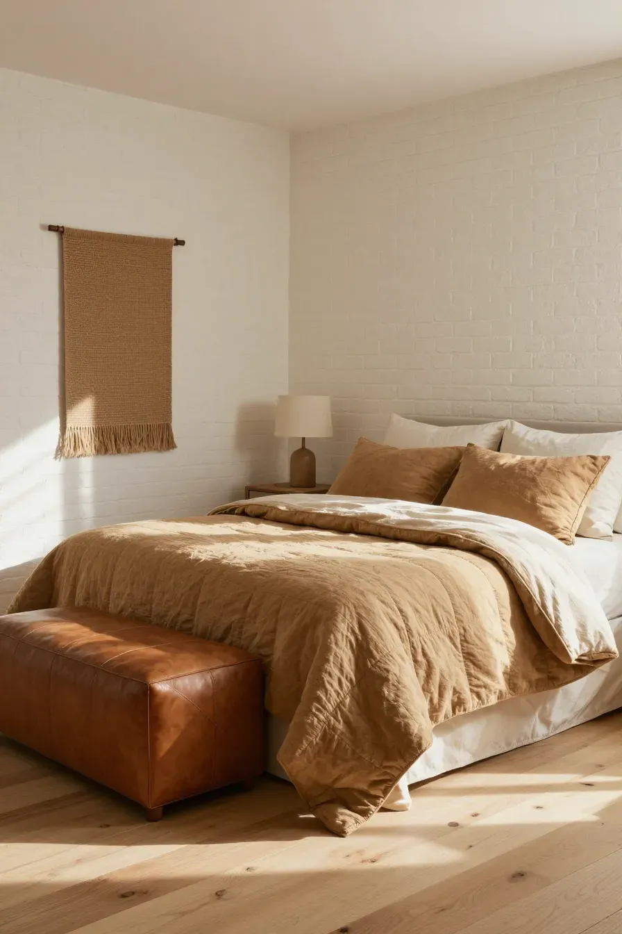 A bright bedroom featuring tan quilts and pillows providing warm contrast against cream walls.