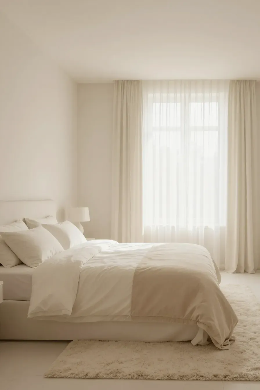 A peaceful, monochrome bedroom with cream and beige layers creating a luxury hotel aesthetic.