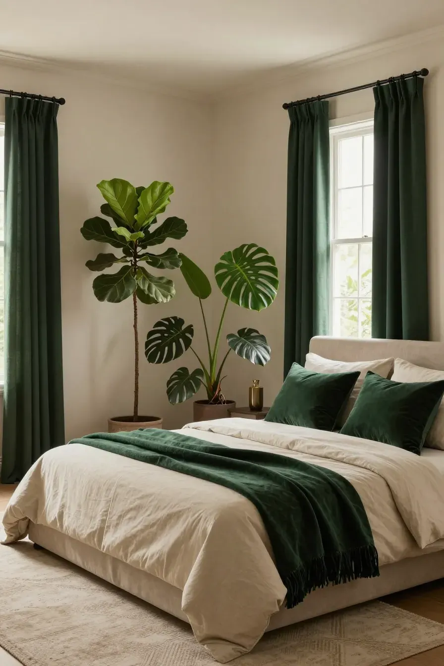 A warm beige bedroom featuring dark forest green pillows, a velvet throw, and lush green plants.