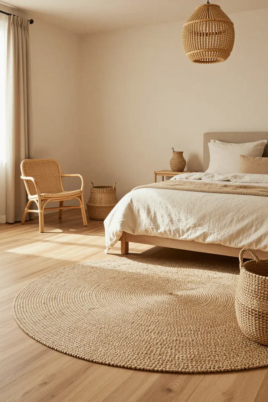 A relaxing bedroom with beige bedding, a jute rug, rattan chair, and natural wood furniture.