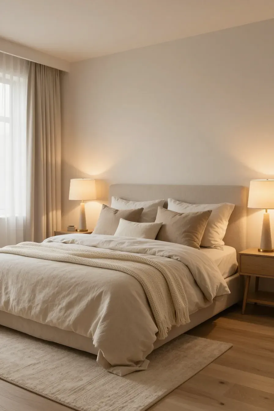 A wide-angle view of a cozy bedroom with beige bedding and warm golden lamp lighting.