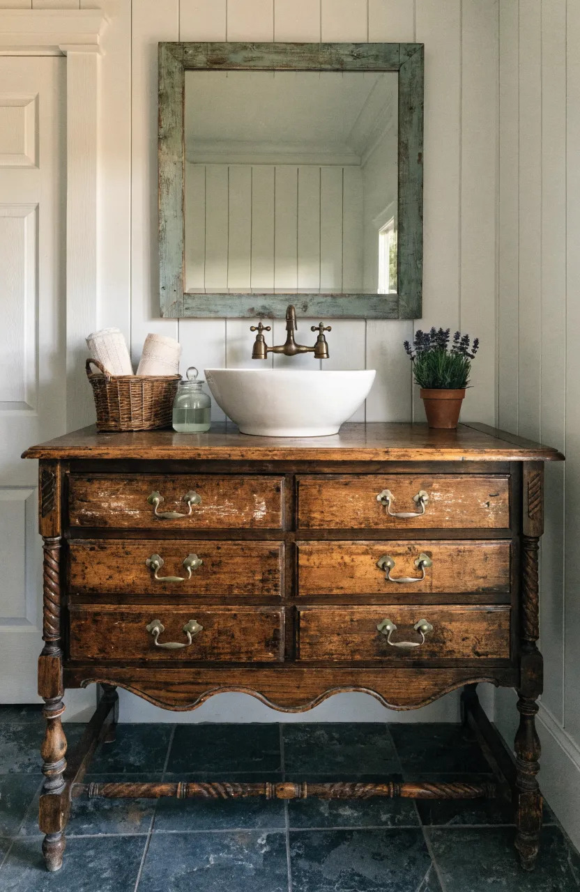 An antique wooden dresser repurposed as a bathroom vanity with a white vessel sink and bronze faucet.
