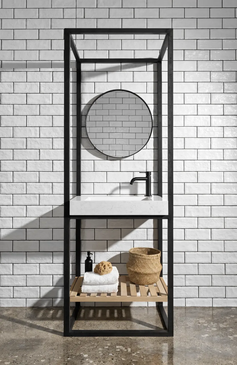 A minimalist black metal frame vanity with an open wood shelf and white towels in a tiled bathroom.