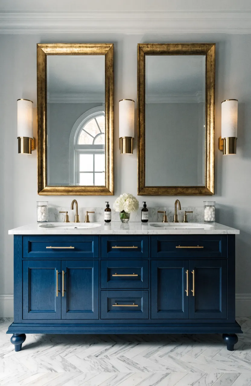 A large matte navy double vanity with white marble top and brushed gold faucets and handles.