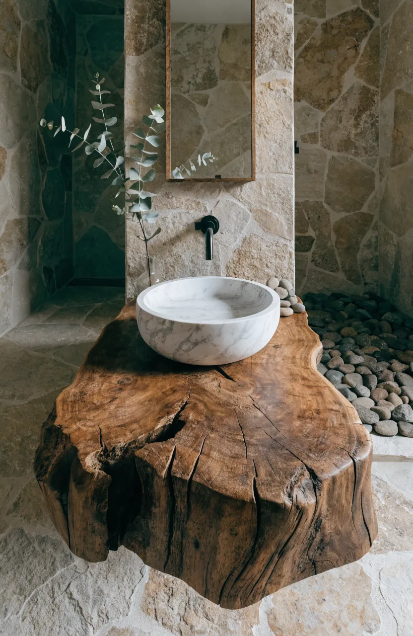A thick reclaimed wood vanity top with a white stone vessel sink and a wall-mounted black faucet.