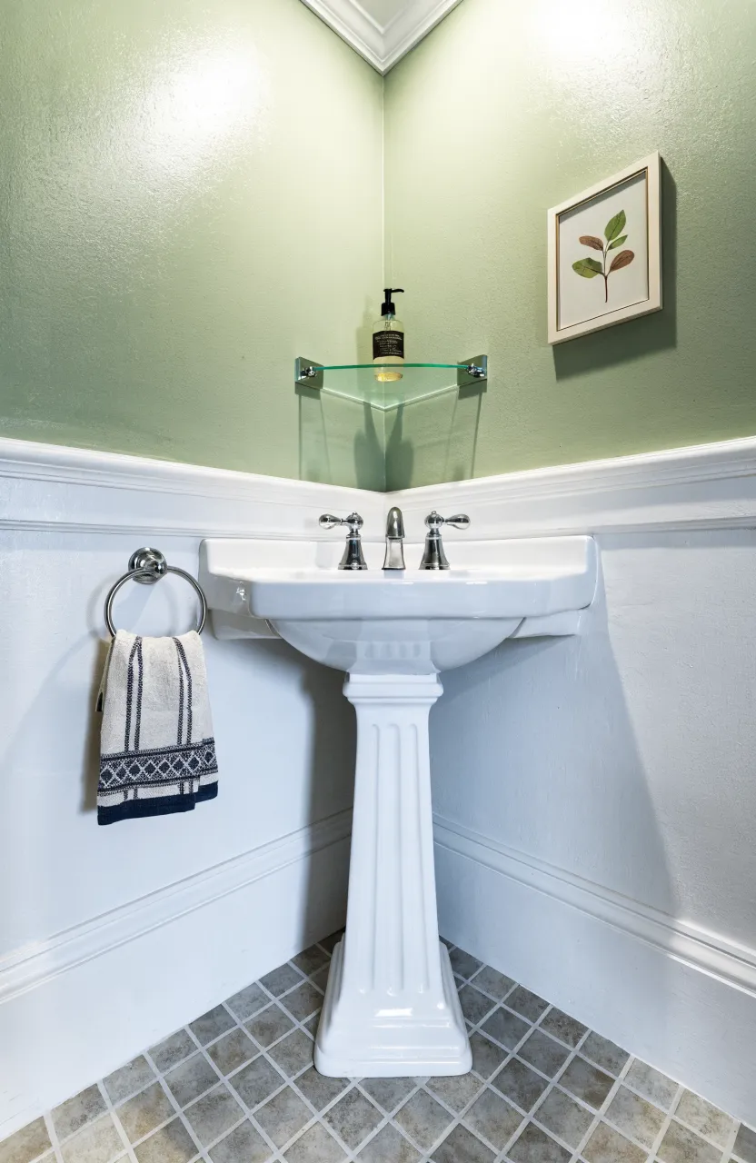 A white corner pedestal sink in a small bathroom with sage green walls and white wainscoting.