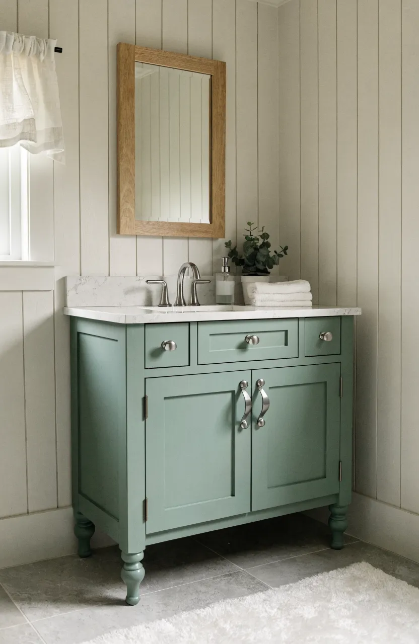 A soft sage green Shaker-style vanity with silver hardware in a bright bathroom.