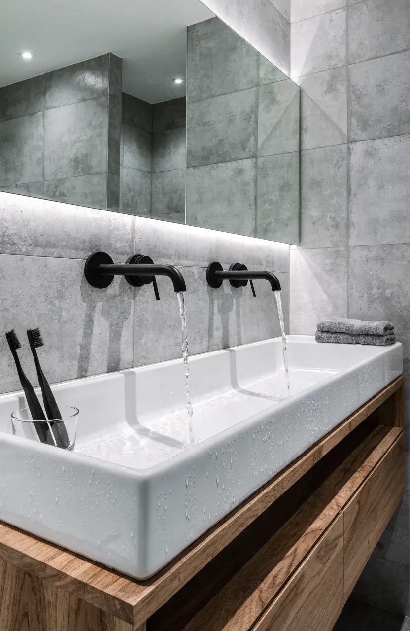 A long white trough sink with two matte black faucets and a walnut wood vanity.