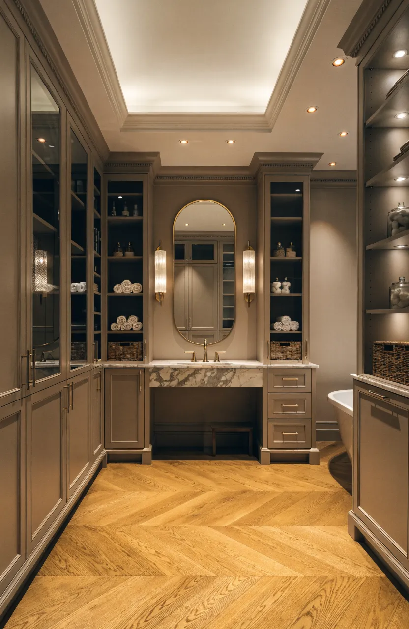 Tall taupe built-in cabinets surrounding a recessed vanity with a marble top.