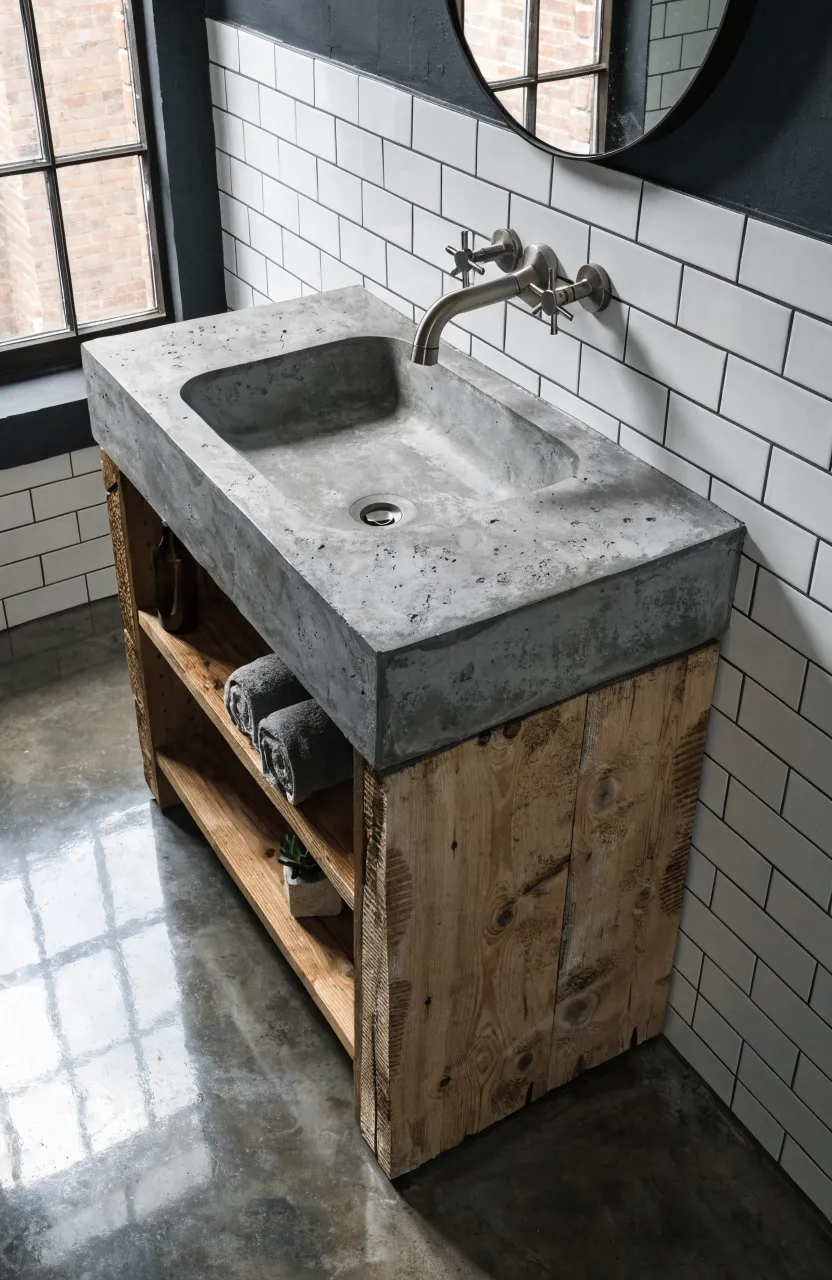 A thick grey concrete vanity top with an integrated sink on a warm wood base.