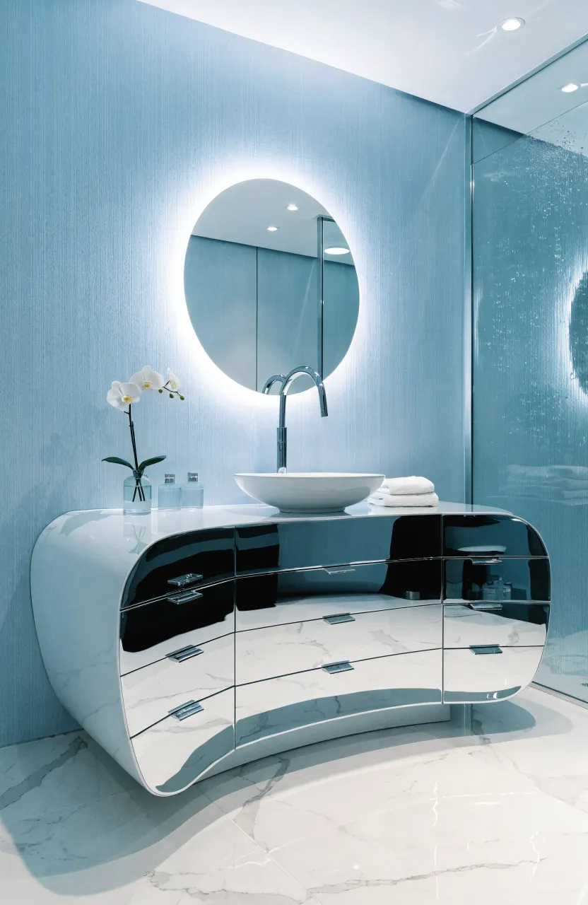 A modern curved vanity with a glossy white finish and a round backlit mirror.