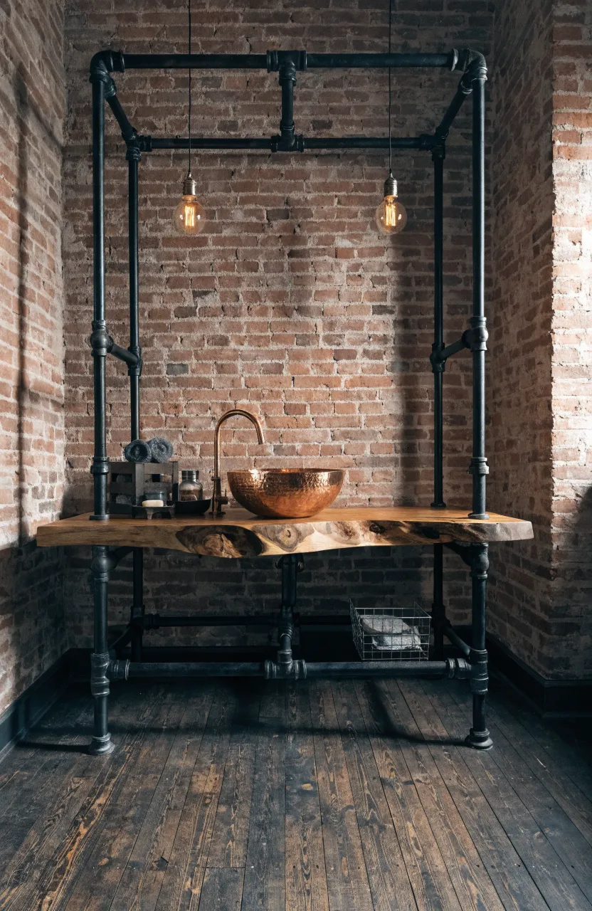 An industrial vanity made of black pipes and a thick wood top with a copper sink.