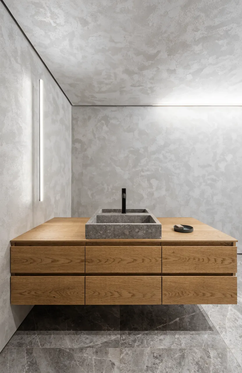 A floating wood vanity with hidden drawers and a grey stone top in a minimalist room.
