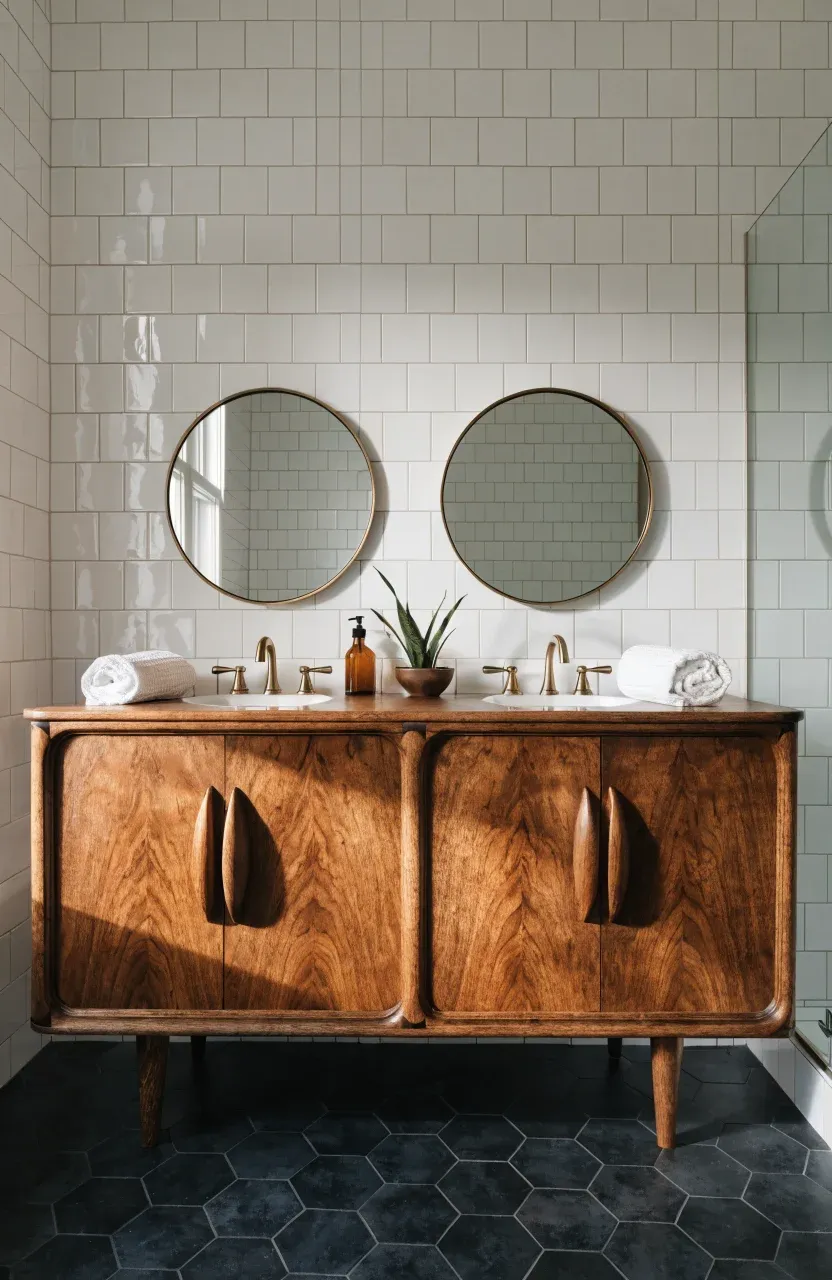 A vintage walnut credenza converted into a bathroom vanity with vessel sinks and brass faucets.