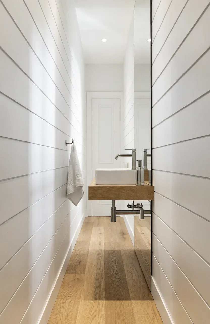 A space-saving narrow depth oak vanity with a wall-mounted faucet in a white bathroom.