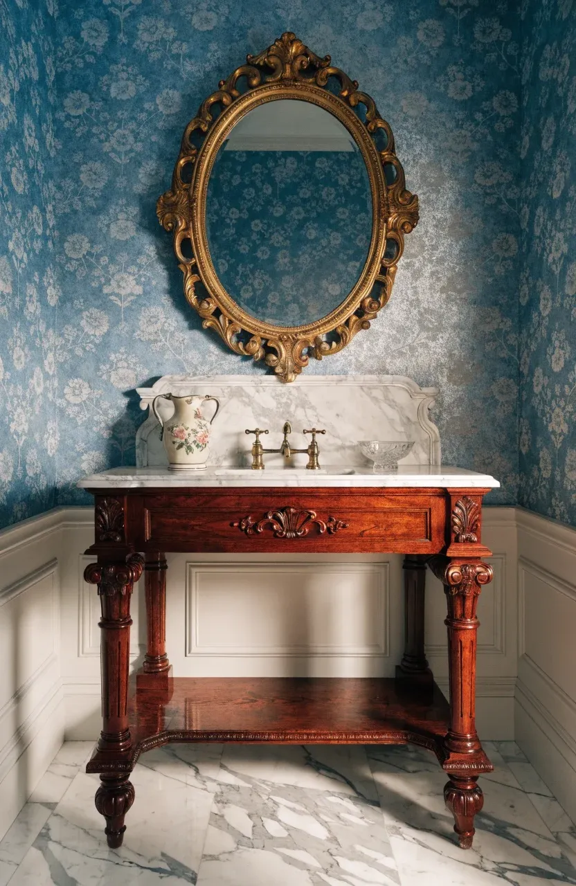 An antique mahogany washstand with a marble top and backsplash in a traditional bathroom.