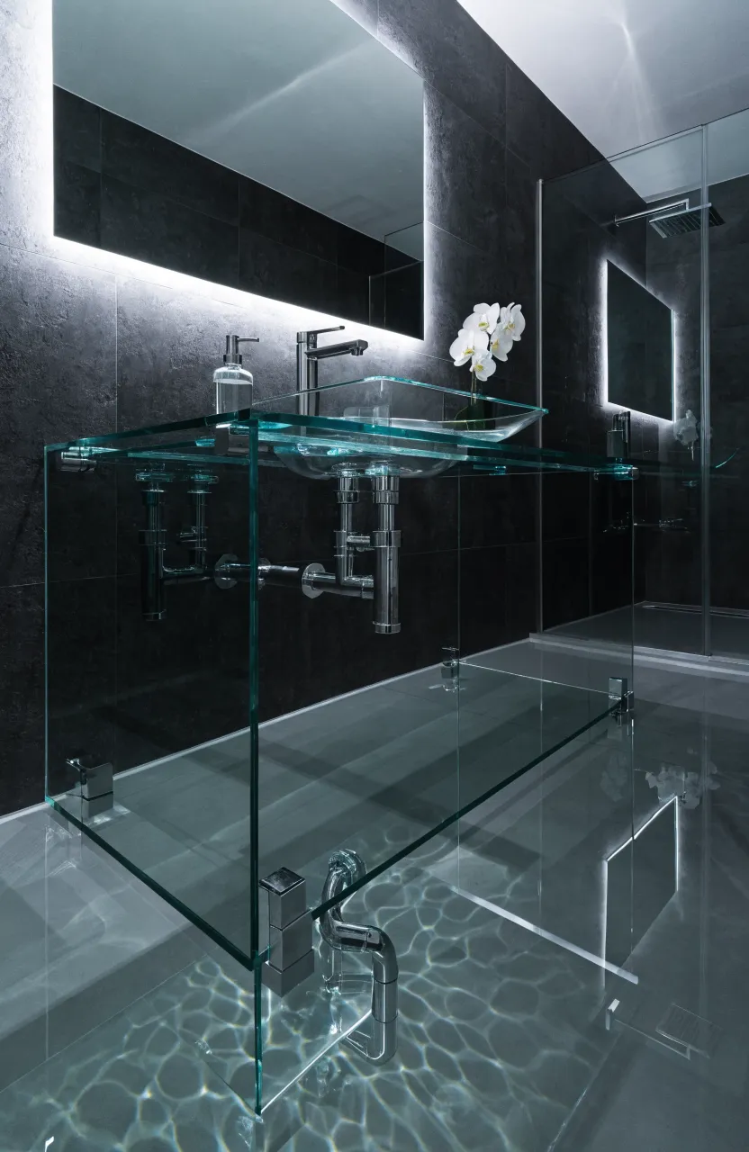 A modern floating glass vanity with chrome pipes and a glass vessel sink in a dark tiled room.