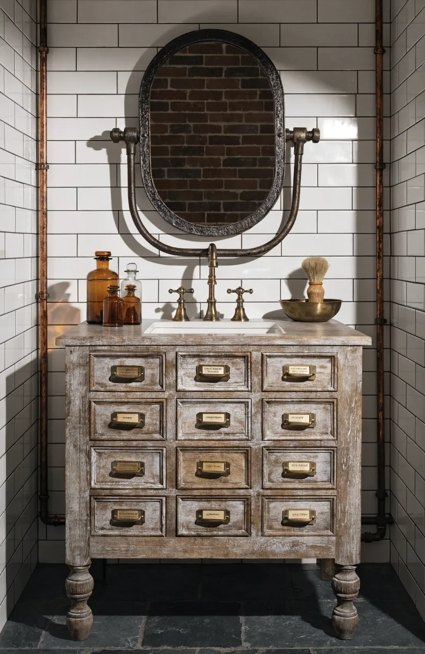 A grey wood apothecary-style vanity with many small drawers and brass hardware.