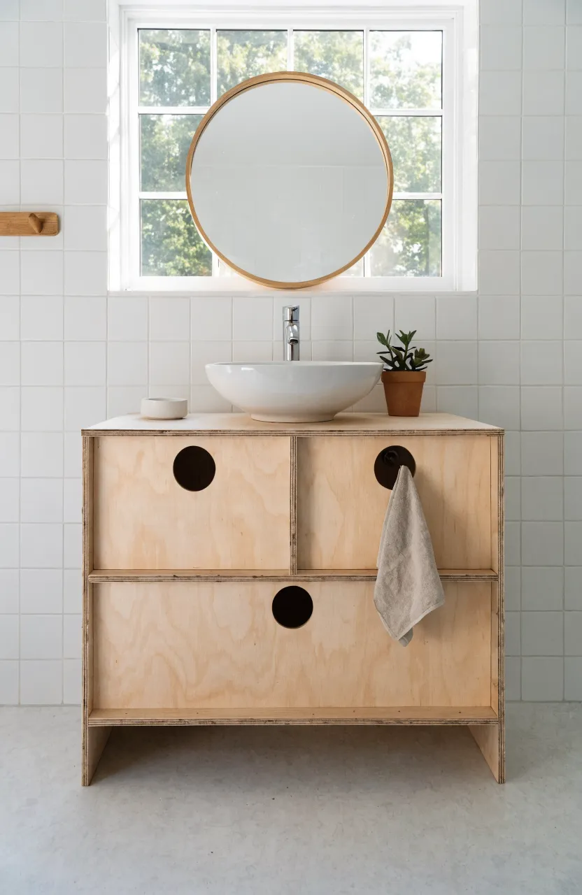 A minimalist birch plywood vanity with circular cutouts in a bright Scandinavian bathroom.