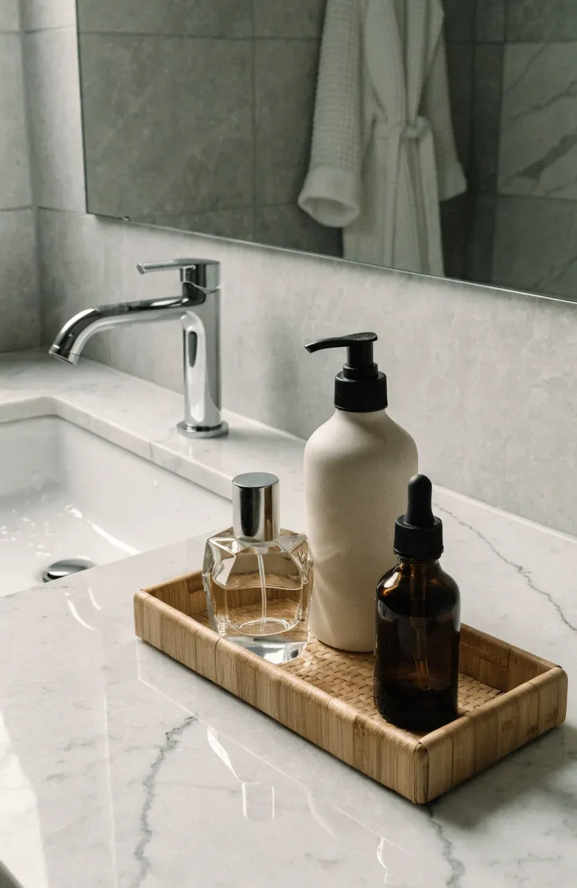 A woven bamboo tray on a marble counter holding organized skincare bottles next to a sink.