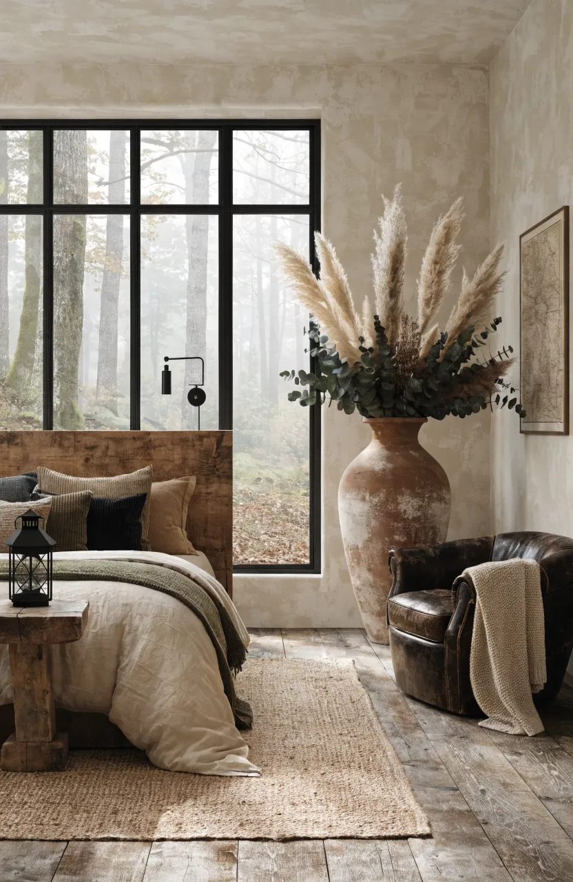 Cozy Warm Earthy Boho Bedroom Ideas, High-end rustic bedroom, Modern Boho-Rustic blend, Warm Sand, Olive Green, Burnt Sienna, Natural overcast daylight coming through the window