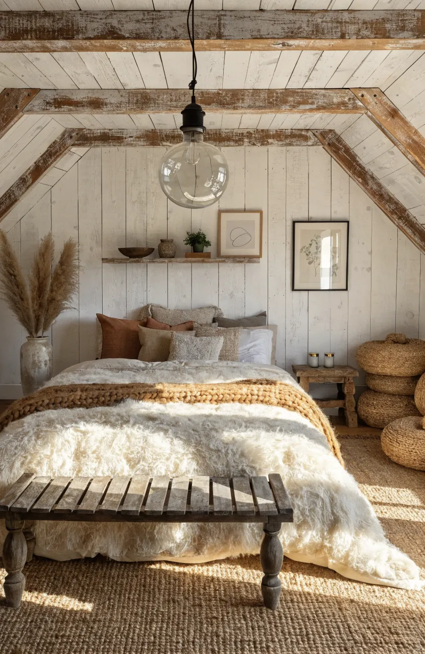 Cozy Boho Bedroom Ideas for a Warm Earthy Aesthetic, A rustic attic-style bedroom with exposed reclaimed wood header beams and white-washed walls., Modern Boho meets Scandinavian.