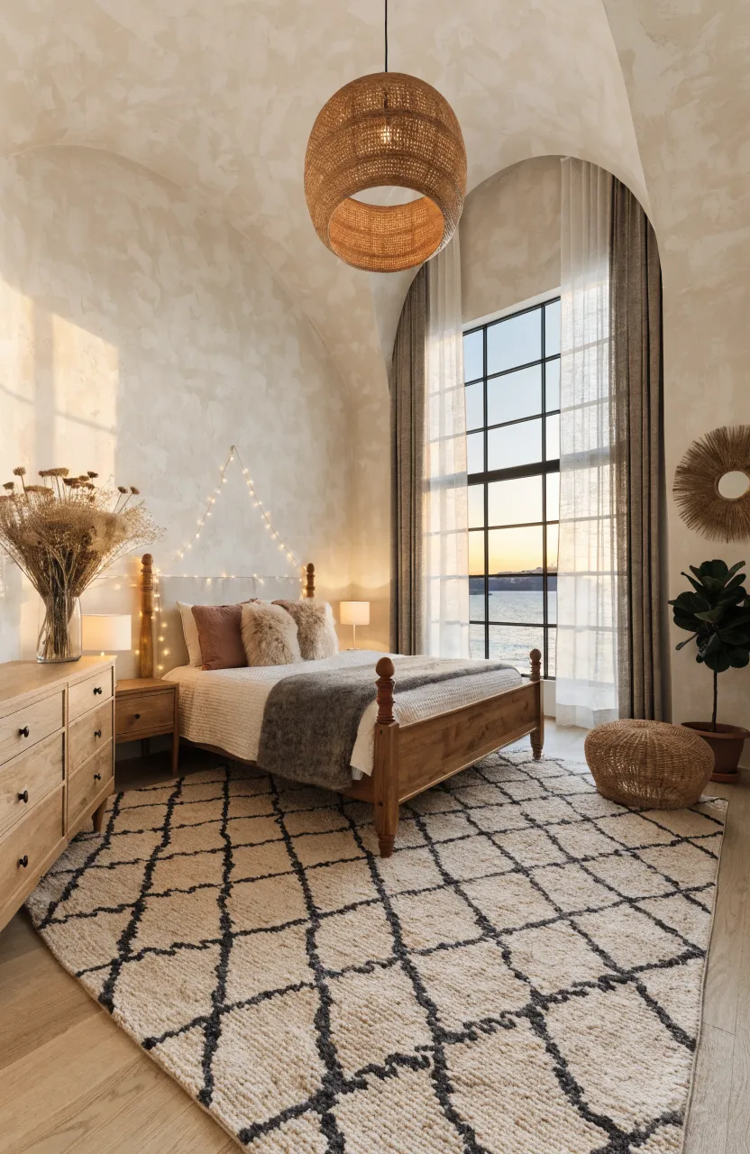 Dreamy Boho Bedroom Ideas for a Cozy Escape, An airy, high-ceilinged bedroom with light oak wooden floors, Eclectic Modern Boho, Cream, Sand, Oak, Warm ambient lighting