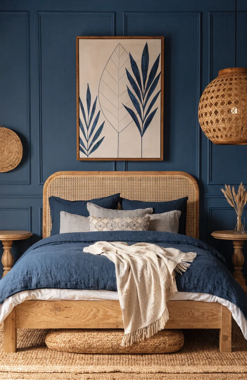 Navy Blue Boho Bedroom Ideas for a Grounded Space, bedroom, Modern Earthy Boho with a coastal navy palette, Navy Blue, Light Oak, Sand