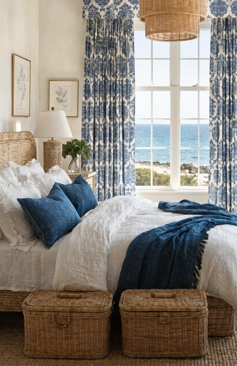 Relaxing Coastal Boho Bedroom Ideas, High-end residential bedroom, Eclectic Coastal Boho / Modern Beach House, Deep Indigo, Crisp White, Natural Jute/Beige, Abundant natural light