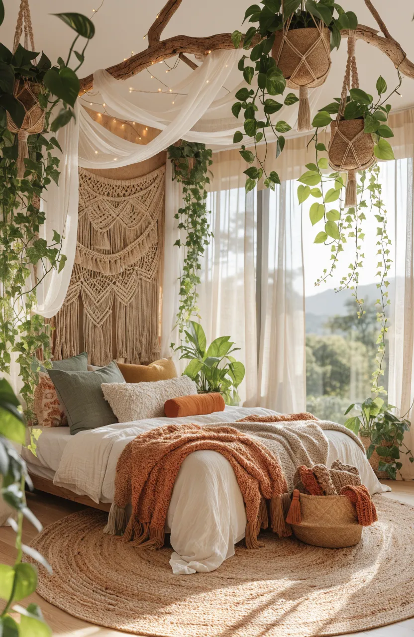 Dreamy Boho Bedroom Ideas for a Cozy Sanctuary, Whimsical botanical bedroom, Modern Boho Interior Design, Terracotta, Cream, Sage Green
