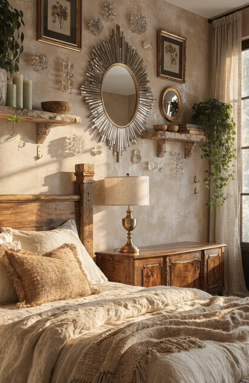 Cozy Earthy Bedroom Boho Bedroom Ideas, Master bedroom, Modern Boho / Earthy Eclectic, Warm Sand, Muted Gold, Deep Walnut, Natural golden hour sunlight