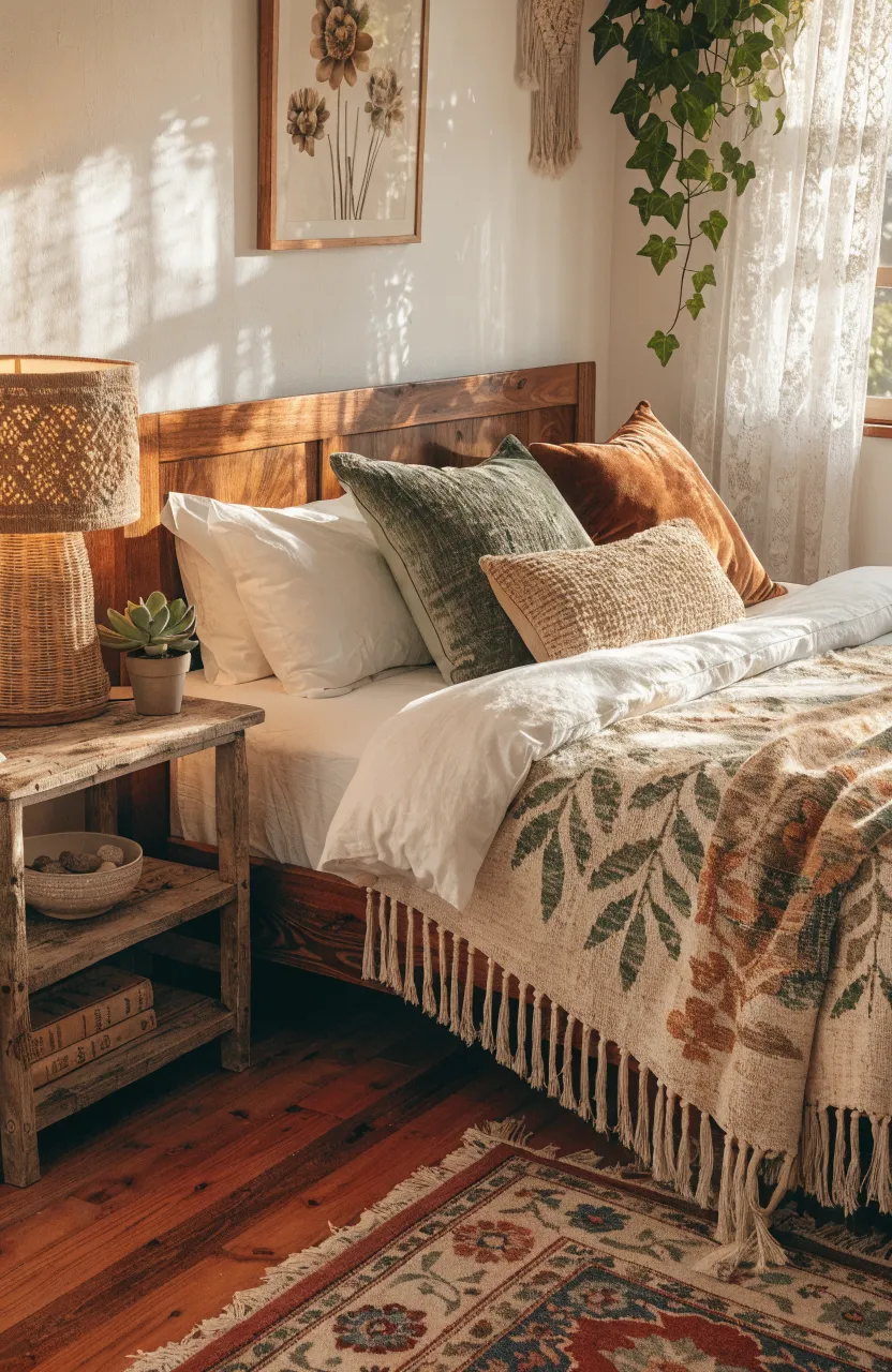 Cozy Boho Bedroom Ideas for a Warm Earthy Aesthetic, Indoor bedroom with a serene and warm mood, boho bedroom, Terracotta, Sage Green, Cream, Hybrid lighting combining soft.