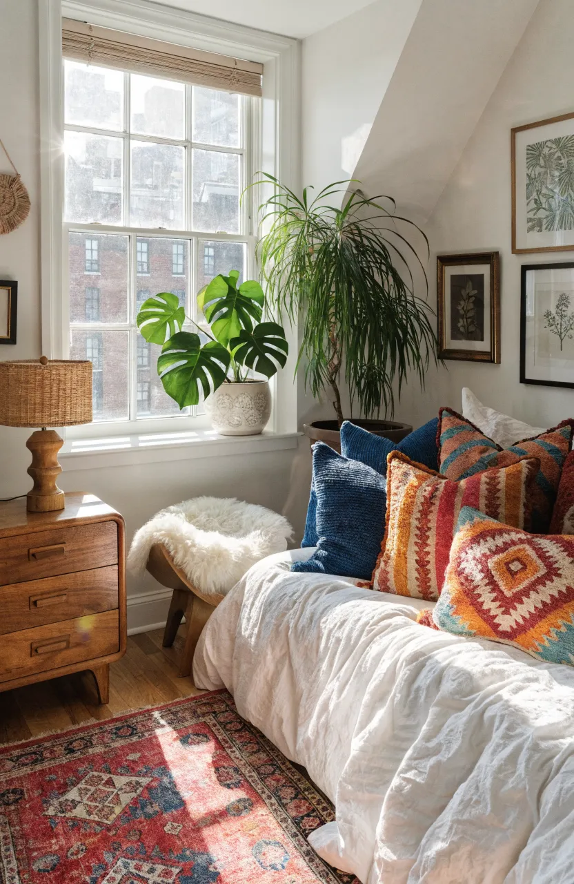 Dreamy Boho bedroom ideas for a Relaxing Oasis, Cozy attic or guest bedroom with white walls and polished hardwood floors, Modern Bohemian / Eclectic Earthy, Crisp White, Natural.