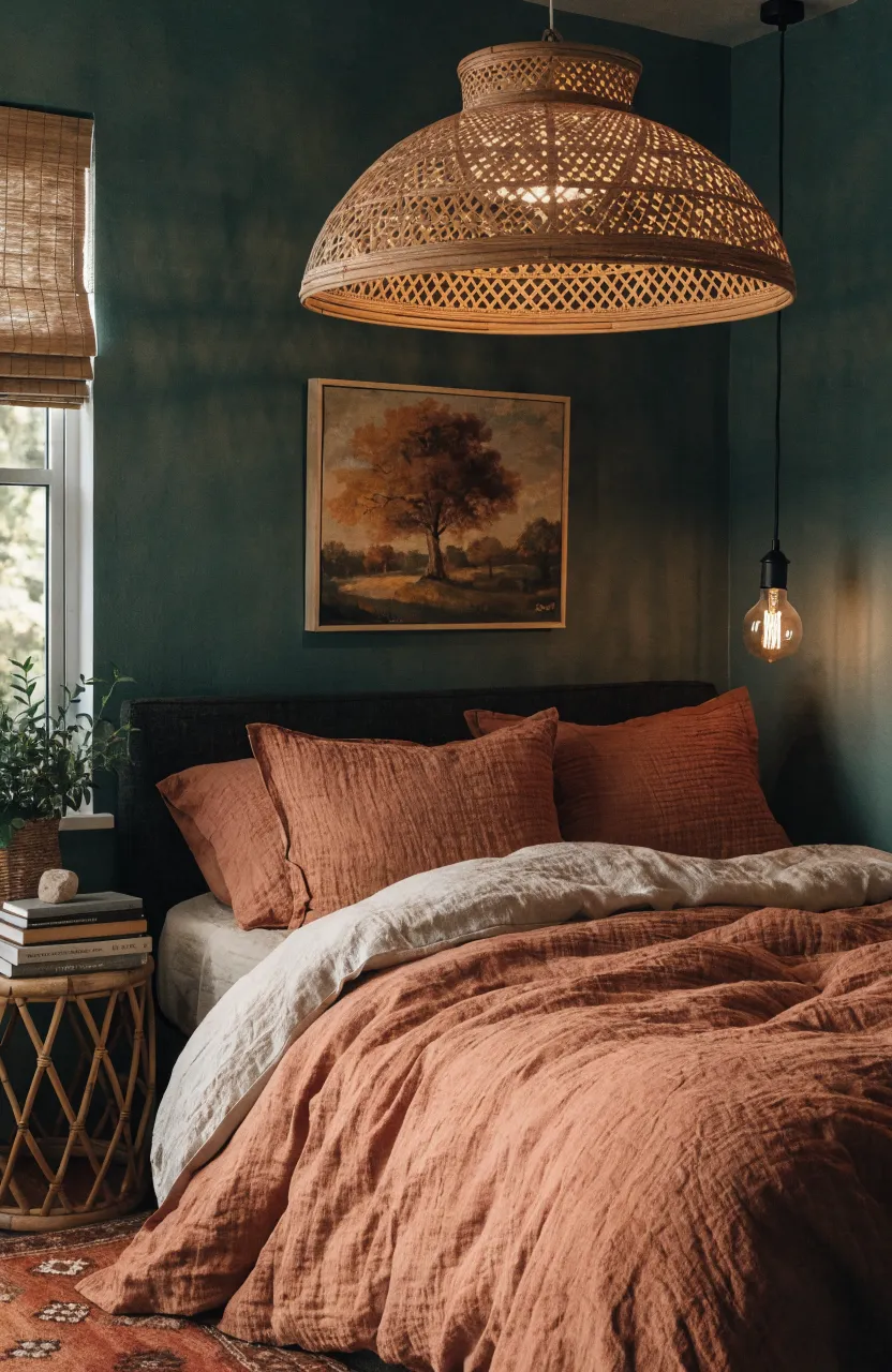 Earthy Boho Bedroom Ideas for a Cozy Sanctuary, bedroom, Modern Boho / Earthy Minimalist, Terracotta, Charcoal, Oatmeal, Warm, moody indoor lighting