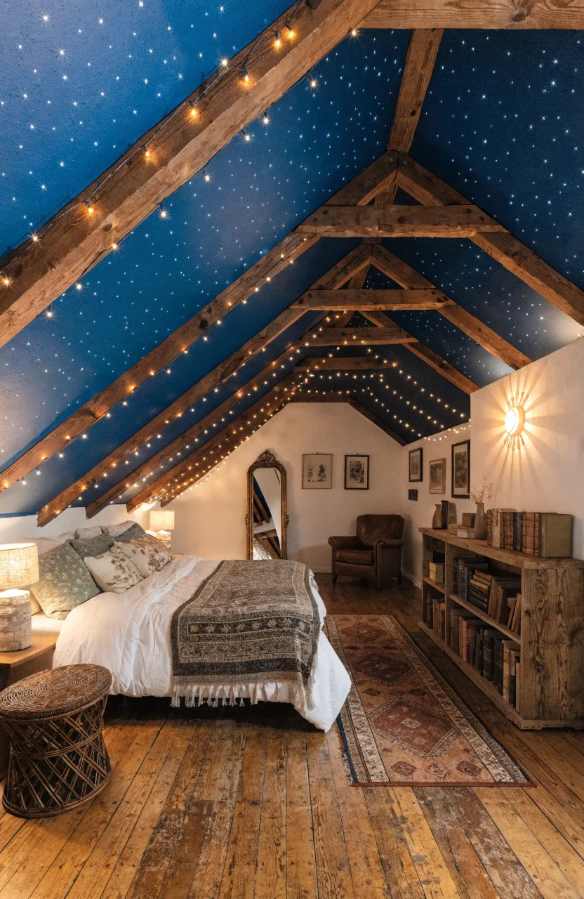 Dreamy Starry Attic Bedroom Ideas - Cozy Boho Retreat, bedroom, Eclectic Bohemian / Rustic Cabin, Midnght Blue, Warm Oak, Cream, Warm ambient lighting