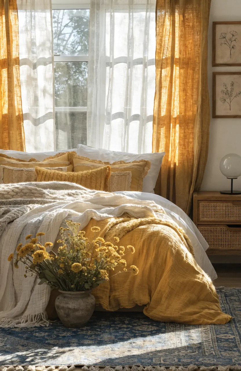 Cozy Warm Boho Bedroom Ideas & Styling, Cozy sunlit bedroom, Modern Boho / Scandi-Boho, Mustard Yellow, Cream, Honey Wood, Natural sunlight