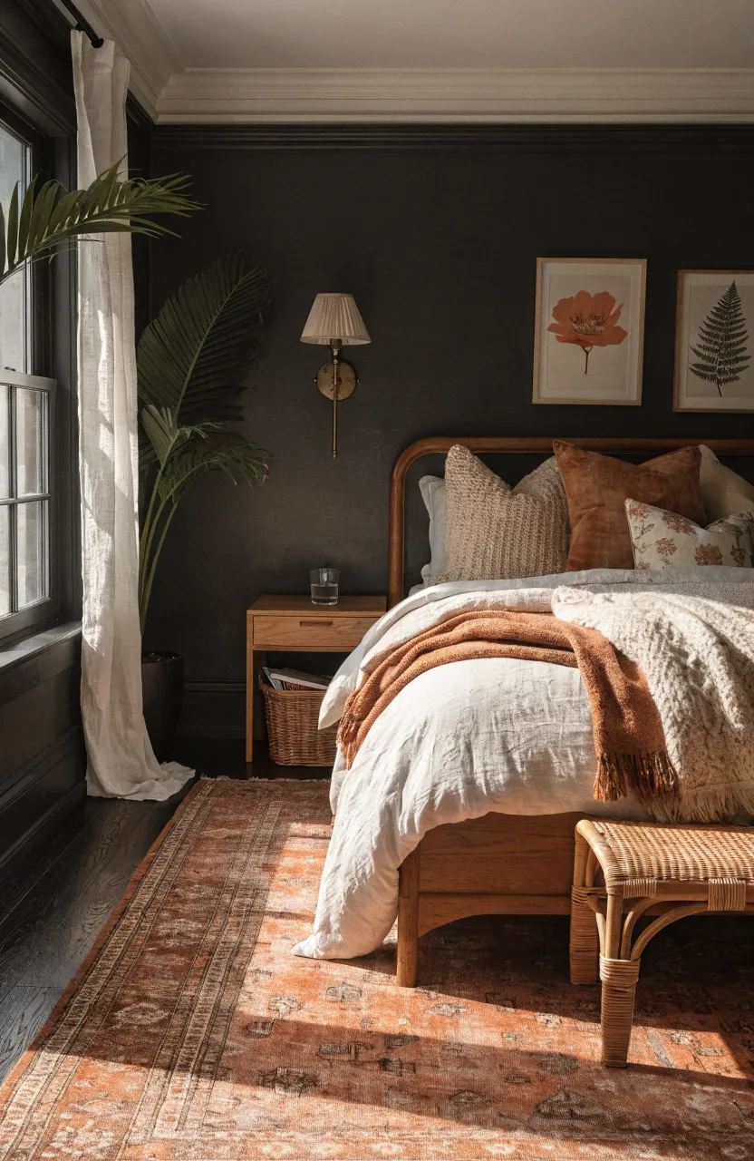Moody & Cozy Boho Bedroom Ideas to Try, bedroom, Eclectic Modern Boho, Charcoal Black, Terracotta, Cream, High-contrast natural sunlight