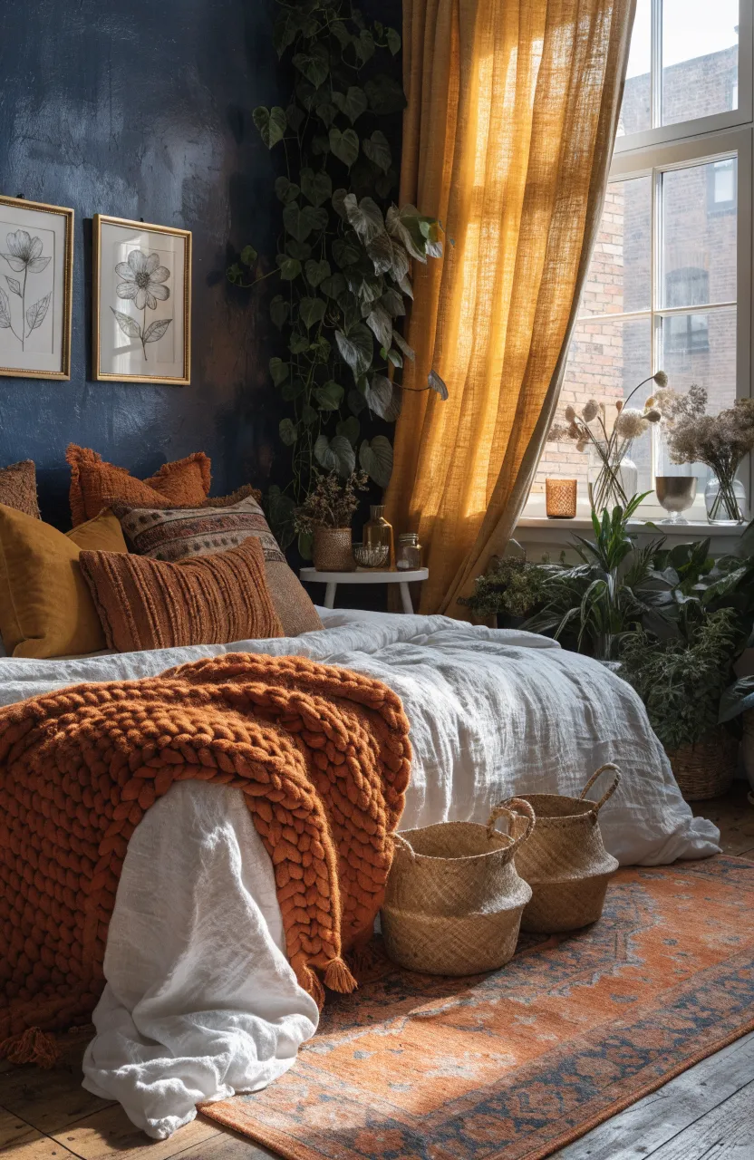 Cozy Earthy Boho Bedroom Ideas for a Moody Retreat, bedroom, Modern Bohemian Interior Design, Navy Blue, Mustard Yellow, Burnt Orange, Soft, natural daylight flowing from the.