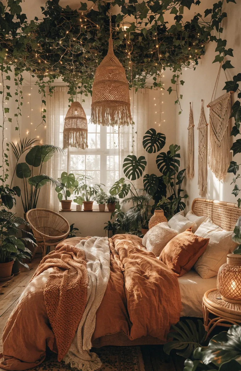 Dreamy Boho Bedroom Ideas for a Cozy Earthy Sanctuary, Warm Bedroom Aesthetic with a wooden floor, Modern Boho Bedroom with heavy biophilic design elements, Rust orange.