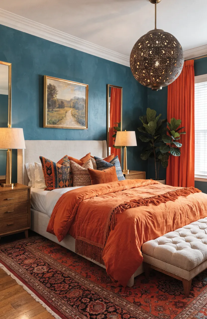 Vibrant Teal and Burnt Orange Boho Bedroom Ideas, bedroom, boho bedroom, Teal, Burnt Orange, Gold, Warm interior lighting from lamps and the chandelier mixed with diffused.