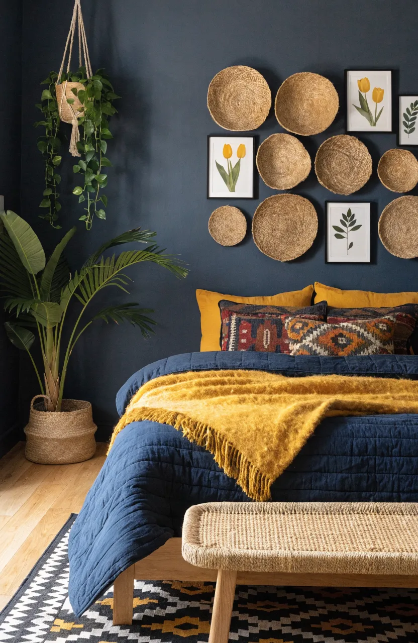 Modern Boho Bedroom Ideas in Charcoal and Mustard, bedroom, Modern Bohemian / Earthy Interior Design, Deep Charcoal, Mustard Yellow, Navy Blue, Soft, diffused natural indoor light
