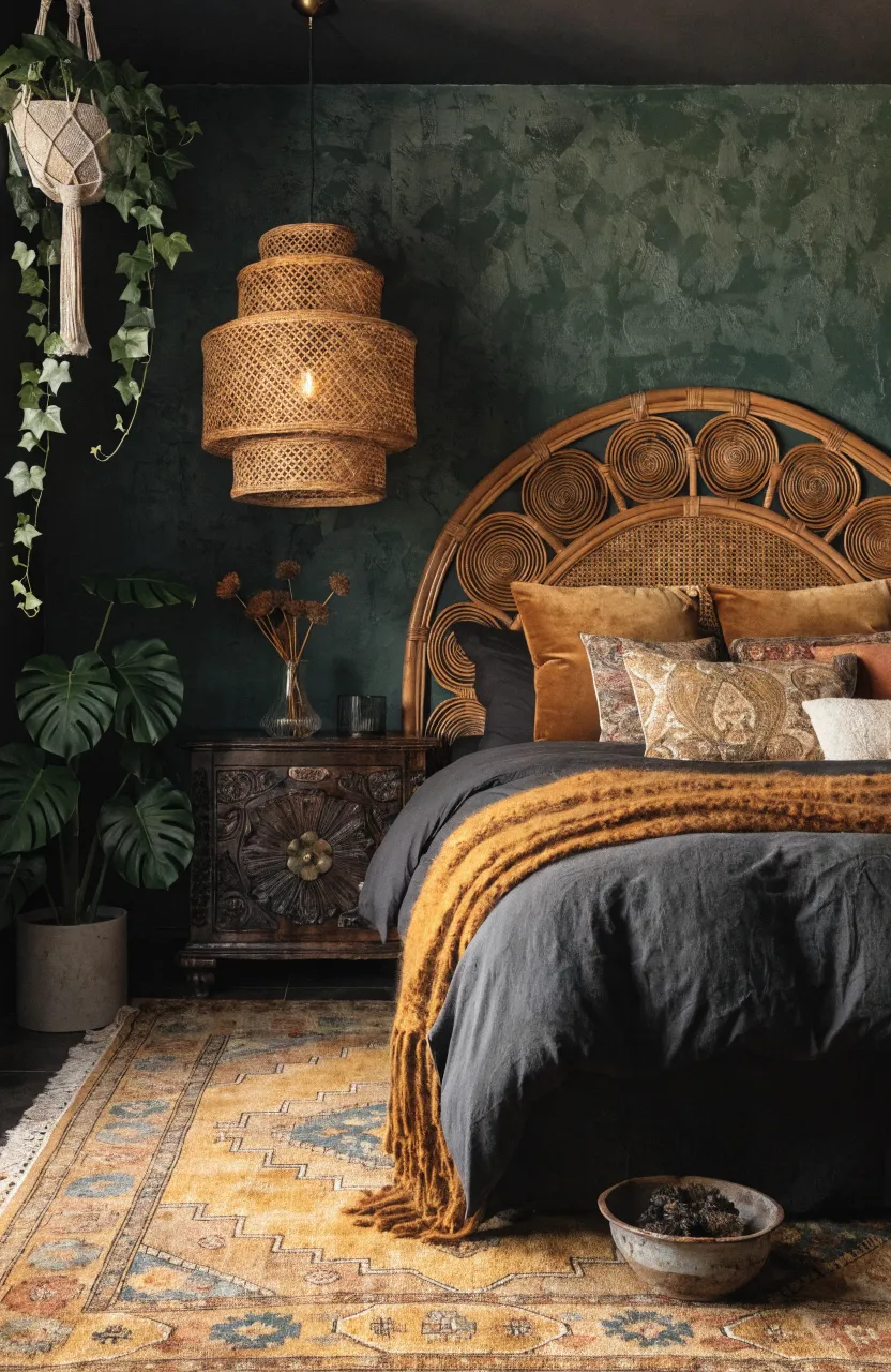 Moody Boho Bedroom Ideas for a Grounded Space, bedroom, boho bedroom, Forest Green, Ochre, Deep Shadow