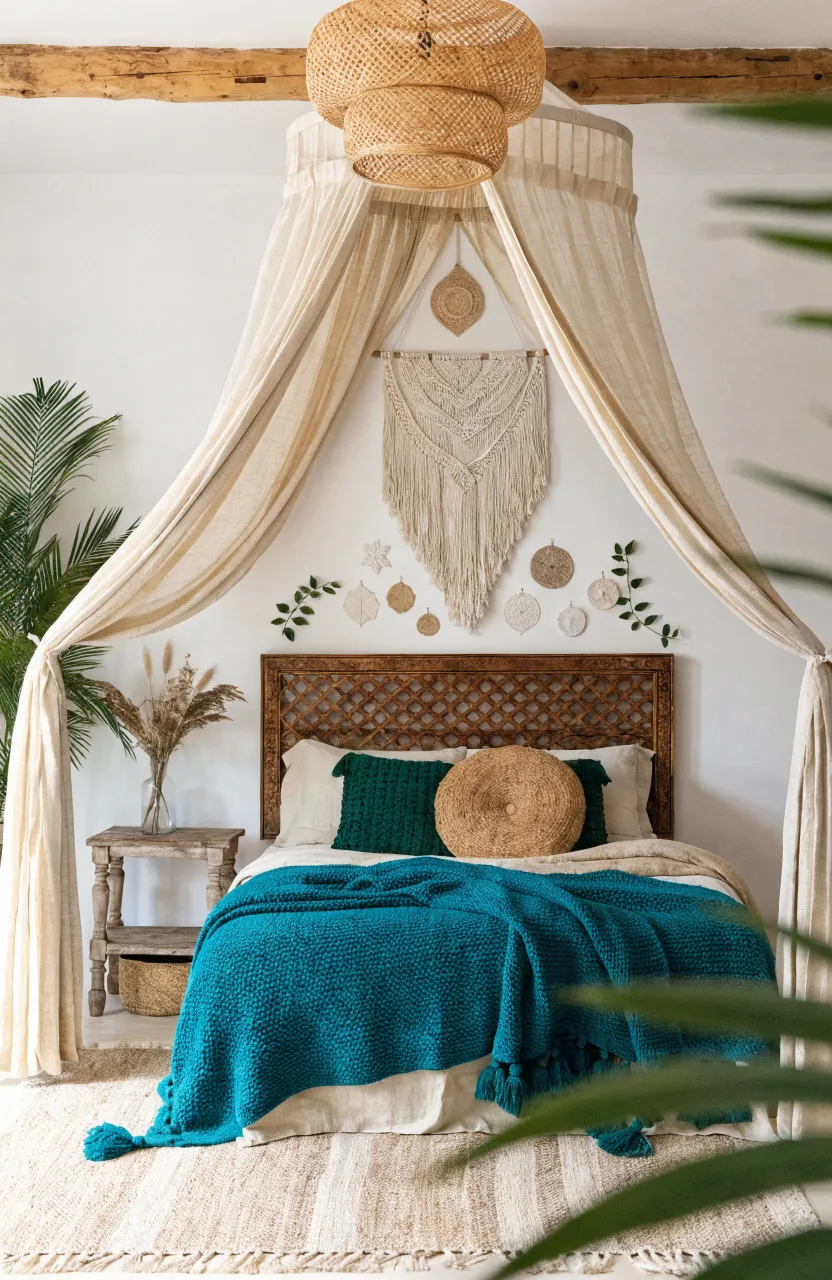 Relaxing Boho Bedroom Ideas with Teal Accents, Interior bedroom, Eclectic Bohemian Interior Design, Cream, Teal, Emerald green, Soft natural window light