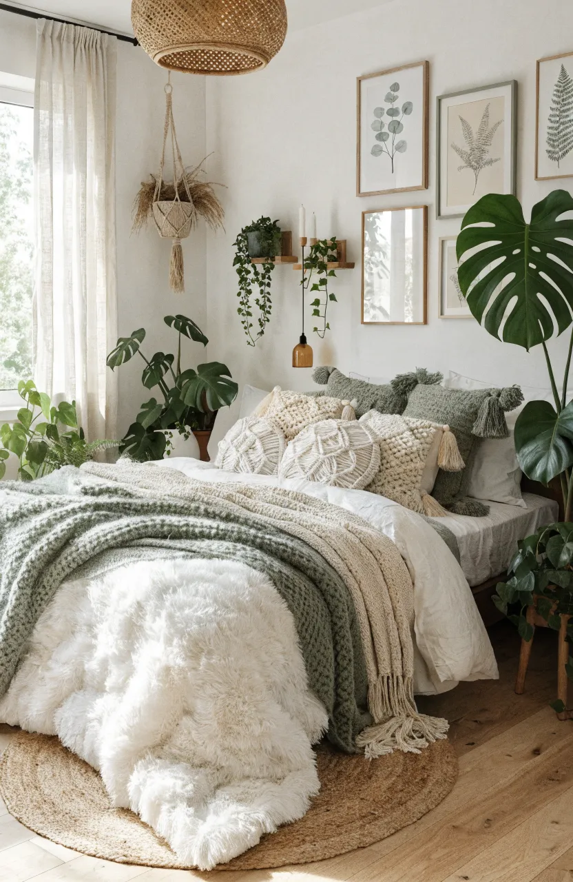 Cozy Boho Bedroom Ideas with Green Accents, bedroom, Modern Bohemian / Nordic Boho, Sage Green, Cream/Beige, Light Wood, Soft diffused natural light from a nearby window